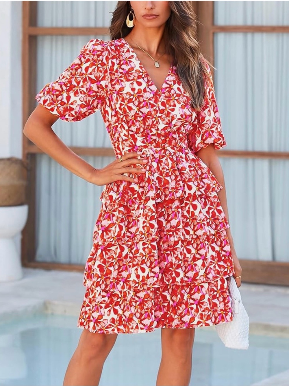 Floral V-Neck Ruffle Tiered Dress in Red - Picture 5 of 12